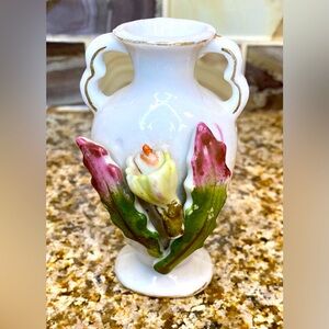 Vintage Small Miniature Vase White Raised Golden Floral 3D Ceramic Japan.